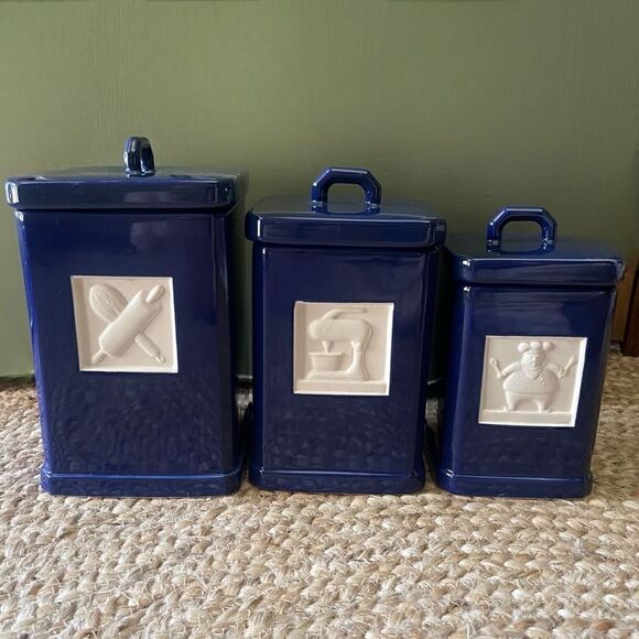 Vintage Roshco TileWare Cobalt Blue Baker Graphic Tile Ceramic Square Canister - Picture 13 of 13